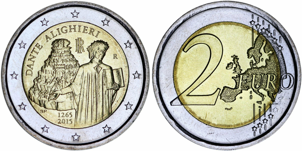 Италия 2 евро, 2015 750 лет со дня рождения Данте Алигьери UNC