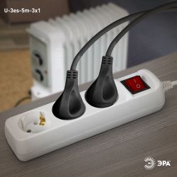 Удлинитель электрический ЭРА U-3es-5m-3x1 с заземлением с выключателем 3 розетки 5м ПВС 3x1мм2 16А | Бытовые удлинители
