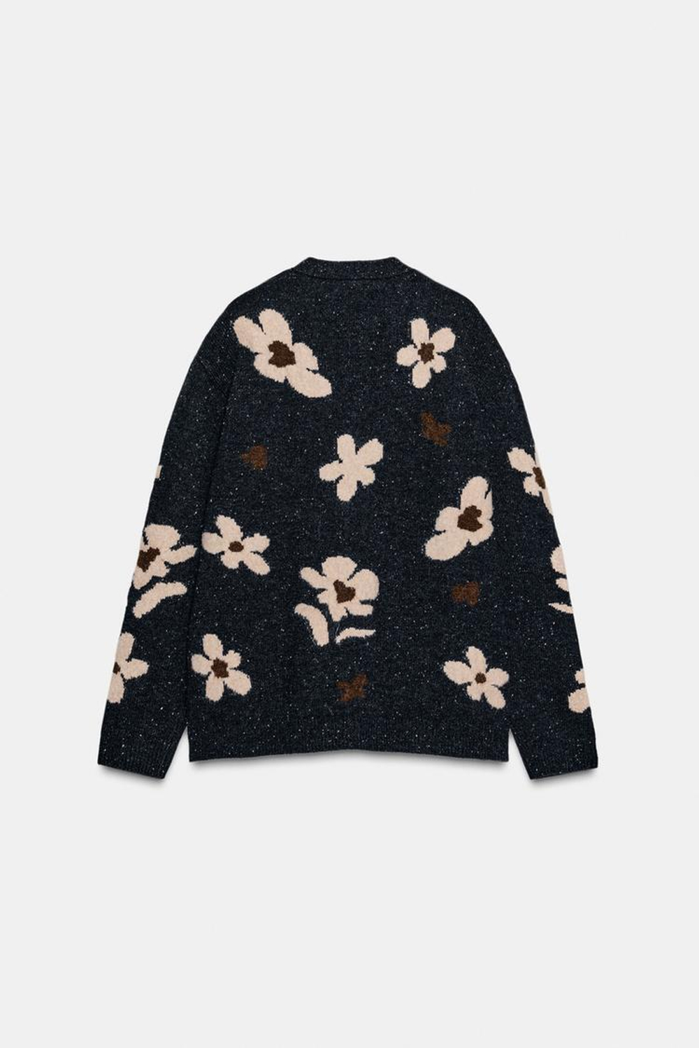 ZARA КАРДИГАН ОВЕРСАЙЗ ИЗ ЖАККАРДОВОГО ТРИКОТАЖА С ЦВЕТАМИ, СЕРЫЙ