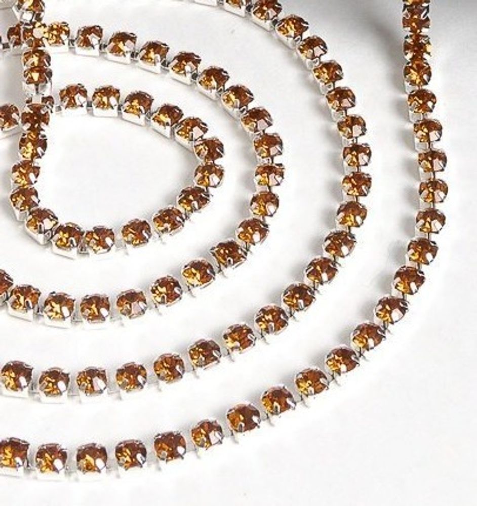 Цепь со стразами, ss16, ш. 4 мм, тёмное золото в серебряной оправе