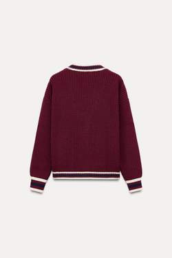 ZARA ТРИКОТАЖНЫЙ ЖАКЕТ С КАНТАМИ, БОРДОВЫЙ