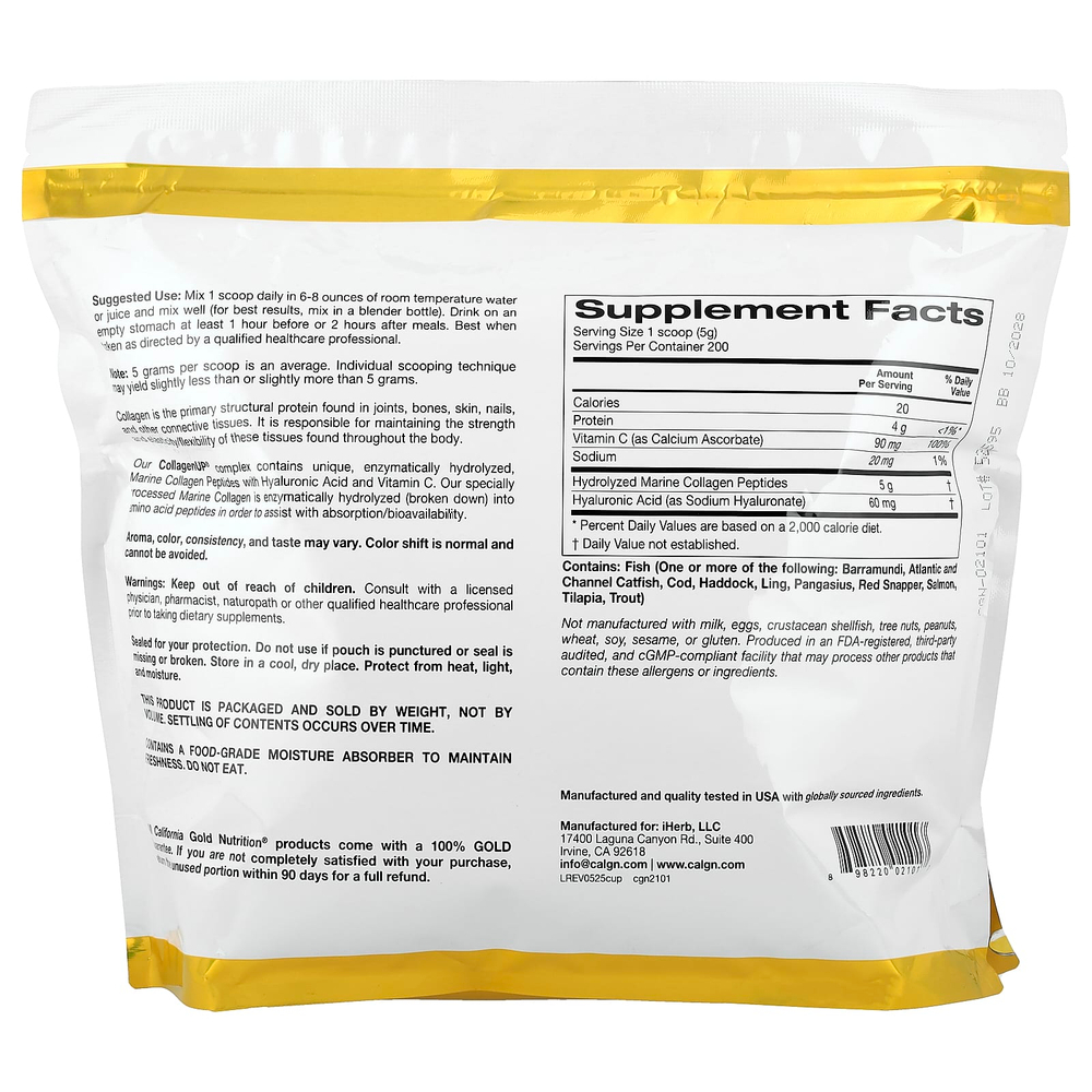 California Gold Nutrition, CollagenUP®, гидролизованные пептиды морского коллагена с гиалуроновой кислотой и витамином C, с нейтральным вкусом, 1 кг (2,2 фунта)