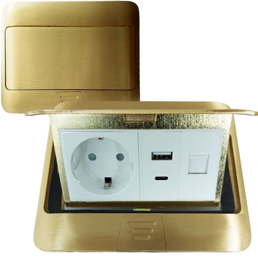 Лючок в пол 1-РОЗЕТКА + USB+TYPE-C + INT (цвет золото)