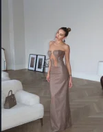 Платье макси из экокожи с металлической вставкой, Бежевый