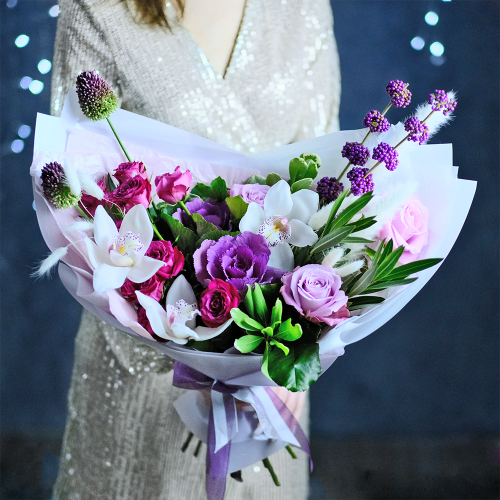 Купить Букет осенний #276 с белыми орхидеями и лагурусом