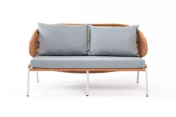 "Милан" диван 2-местный плетеный из роупа, каркас алюминий светло-серый (RAL7035) муар, роуп оранжевый меланж круглый, ткань светло-серая