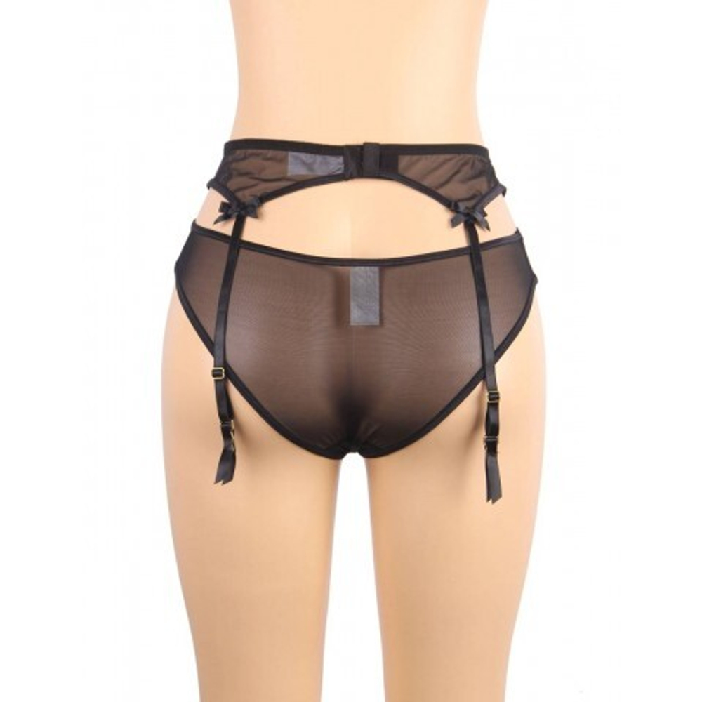 Пояс для чулок с ремешками и трусики Flower&bow, черные, XS-S