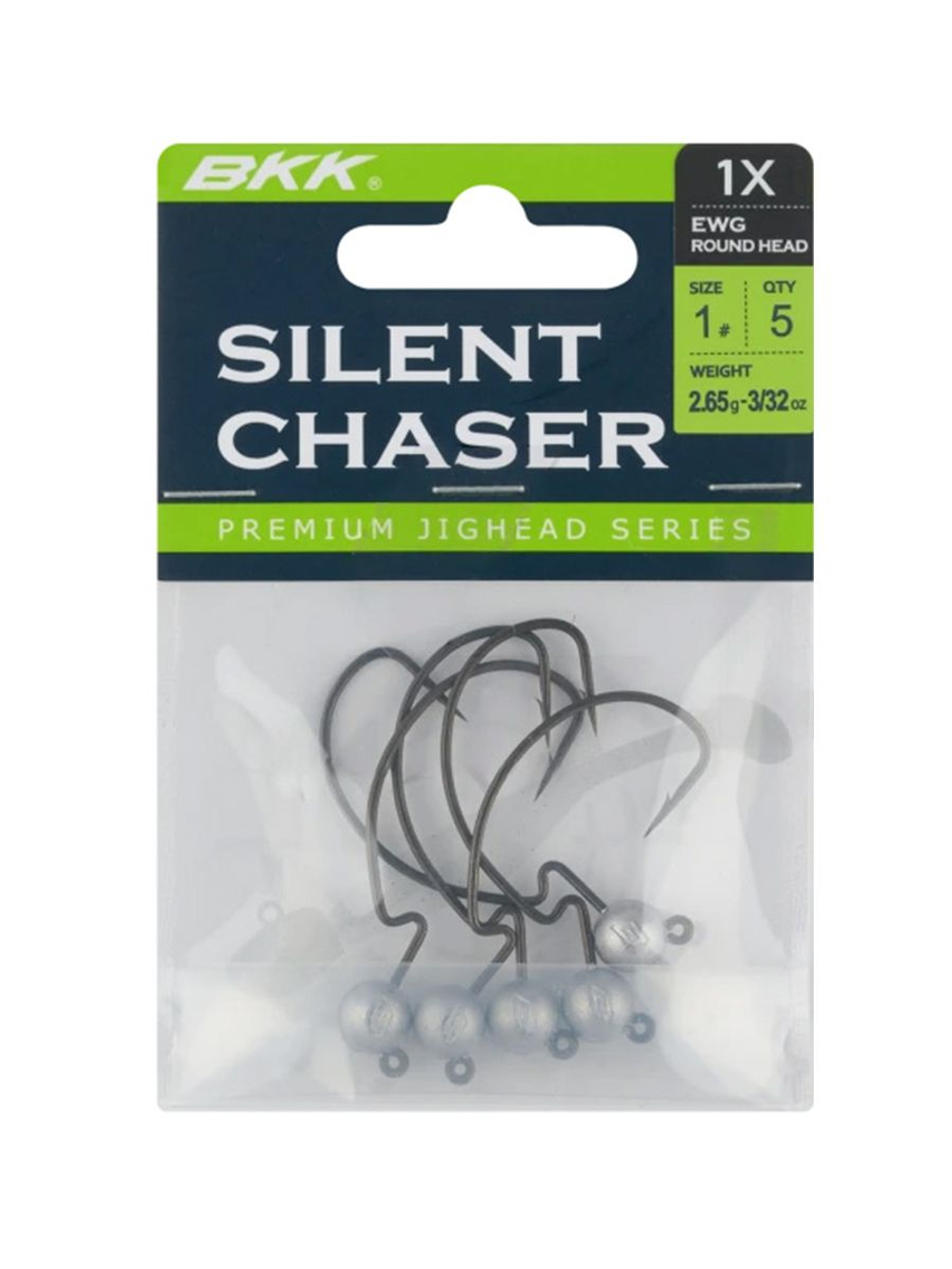 Джиг-головка для рыбалки BKK на офсетном крючке Silent Chaser - 1X - EWG Round Head, размер крючка 2/0, вес 2,65г, 4 шт.