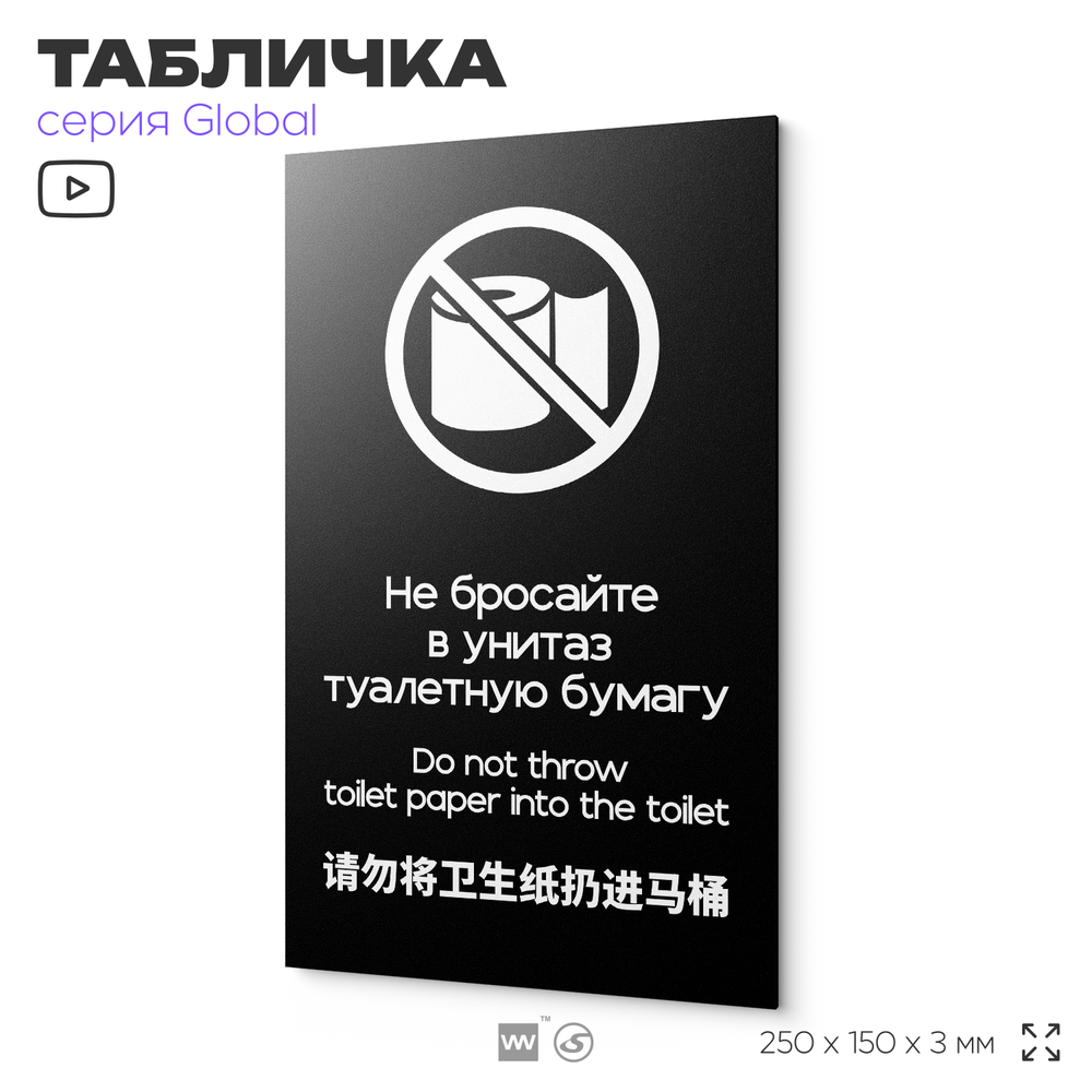 Табличка Не бросайте туалетную бумагу в унитаз, на дверь и стену, информационная и мультиязычная (русский, английский, китайский), серия GLOBAL, 25х15 см, Айдентика Технолоджи