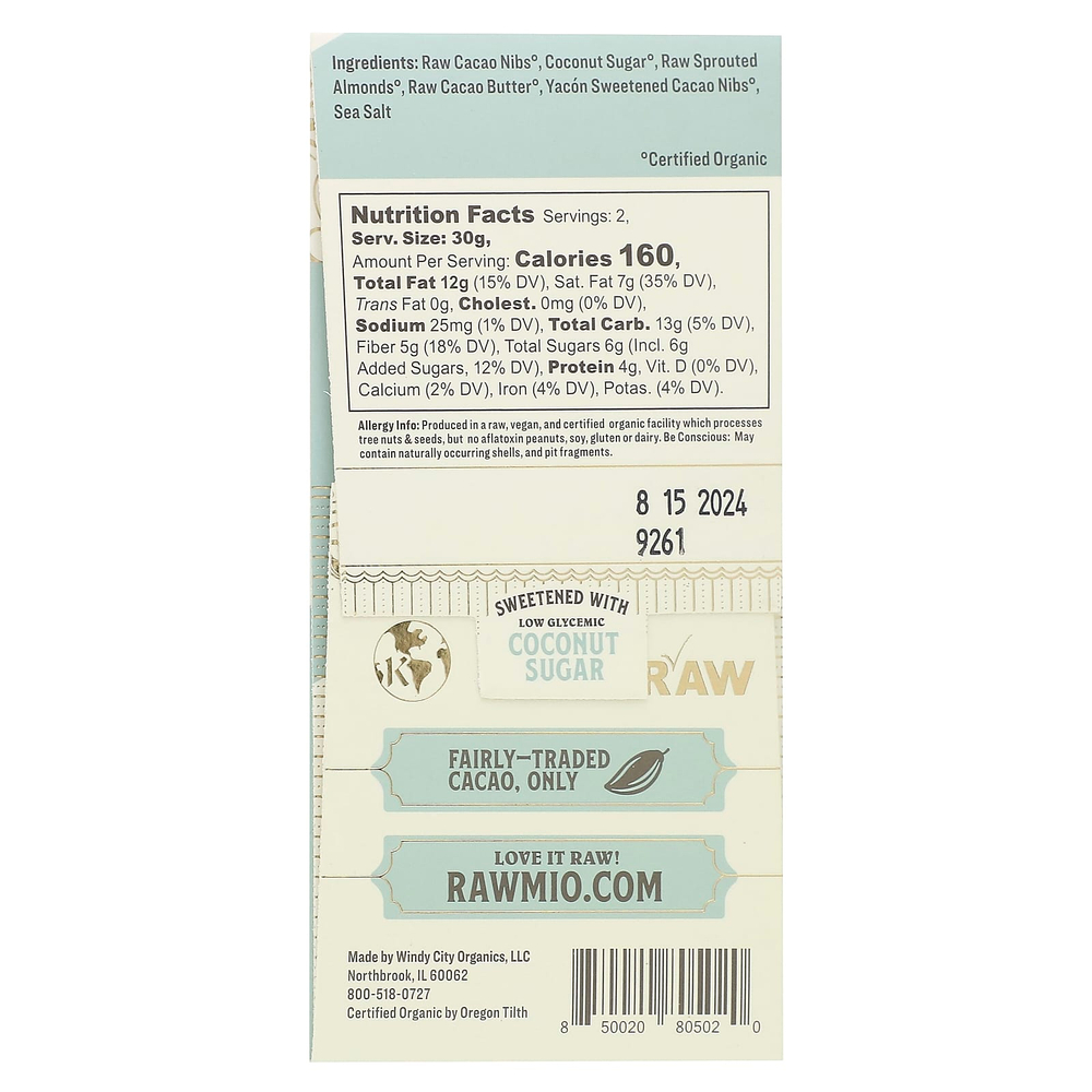 Rawmio, Каменный молотый необработанный шоколад, пророщенный миндаль и морская соль, 60 г (2,12 унции)