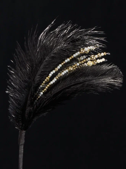 Ветвь Царкий маскарад с перьями и бисером 20х36 см., черная с золотом, Christmas DeLuxe (89032)