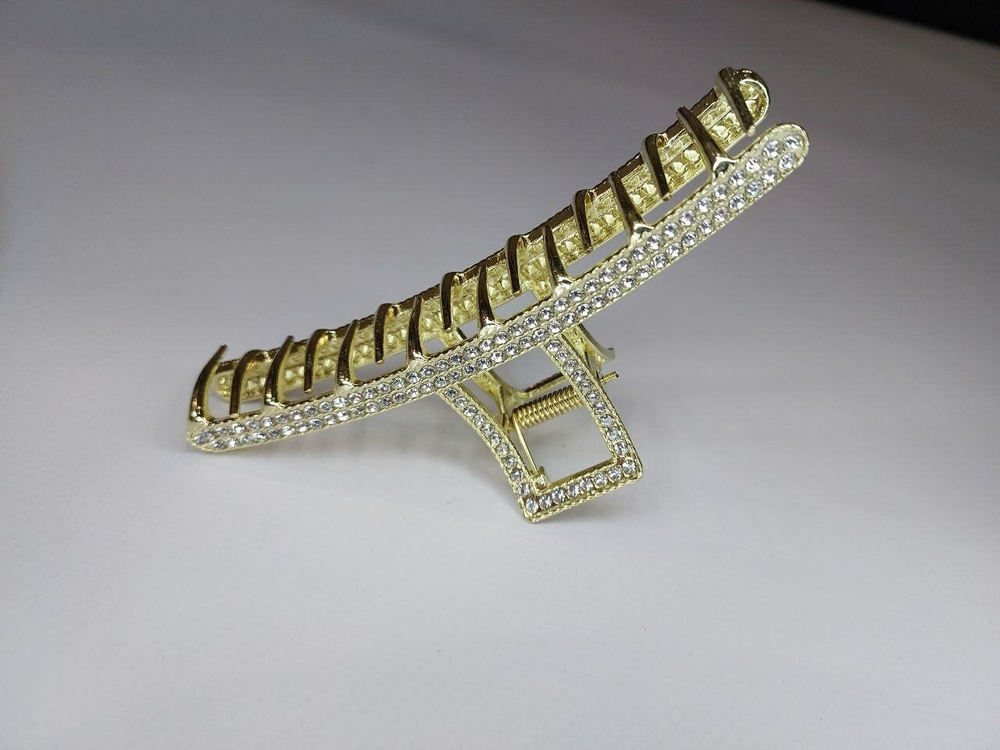 Заколка Краб Блестящий зажим для волос с квадратной дугой со стразами. Металлический. Усиленный.  Цвет золото.