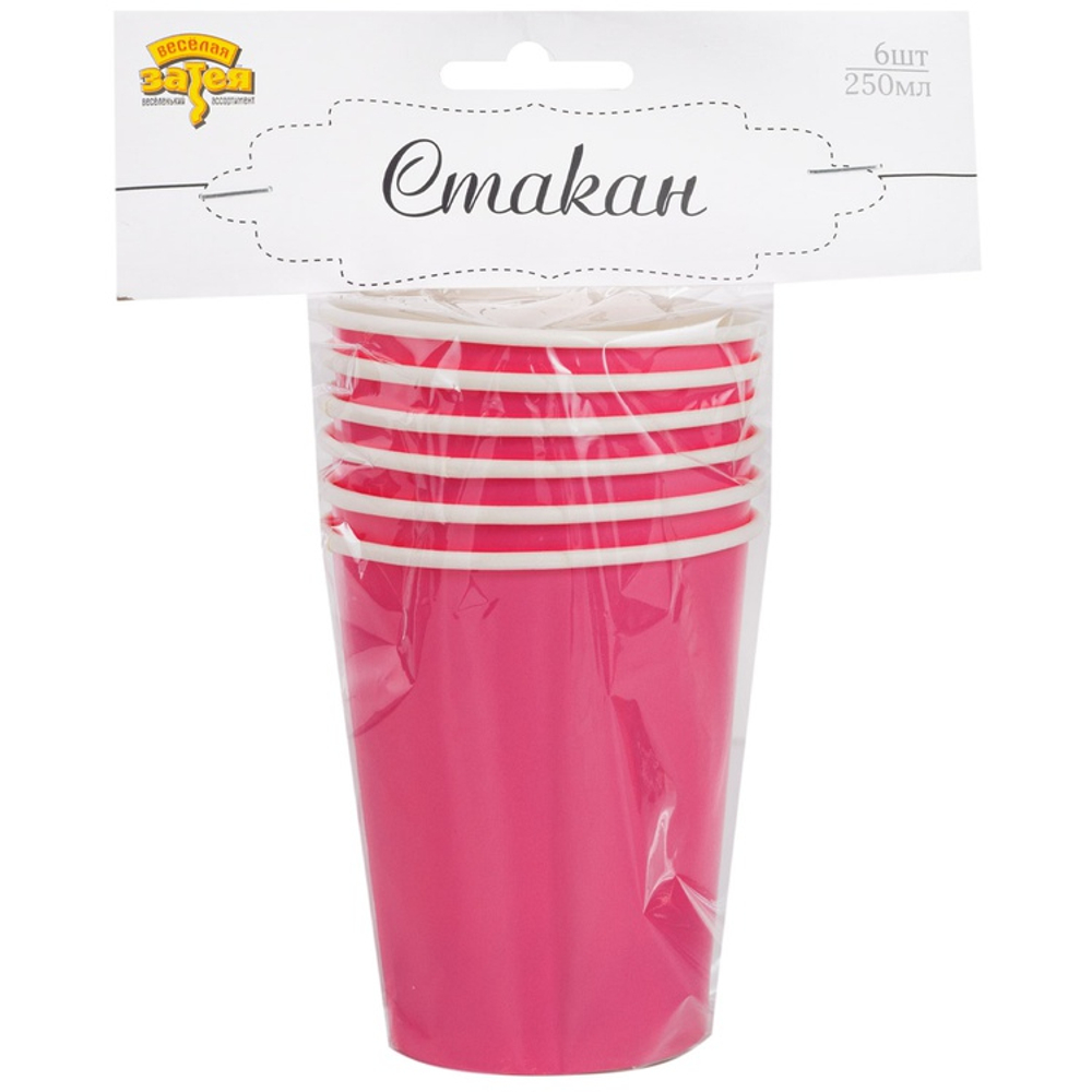 Стаканы бумажные в ярко-розовом цвете, 250 мл, 6 шт