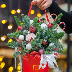 Новогодняя композиция в красном оформлении с нобилисом