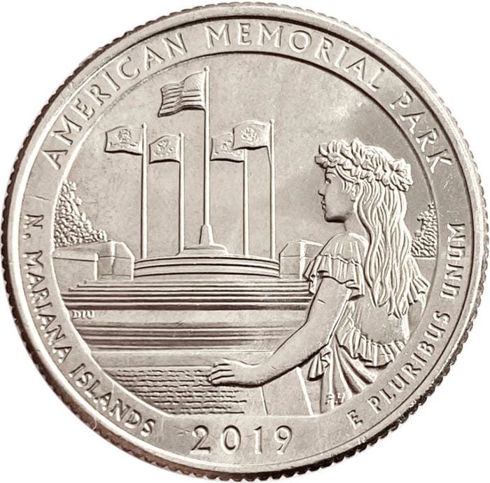 25 центов (1/4 доллара, квотер) 2019 США «Американский мемориальный парк» (D) (47-й парк)