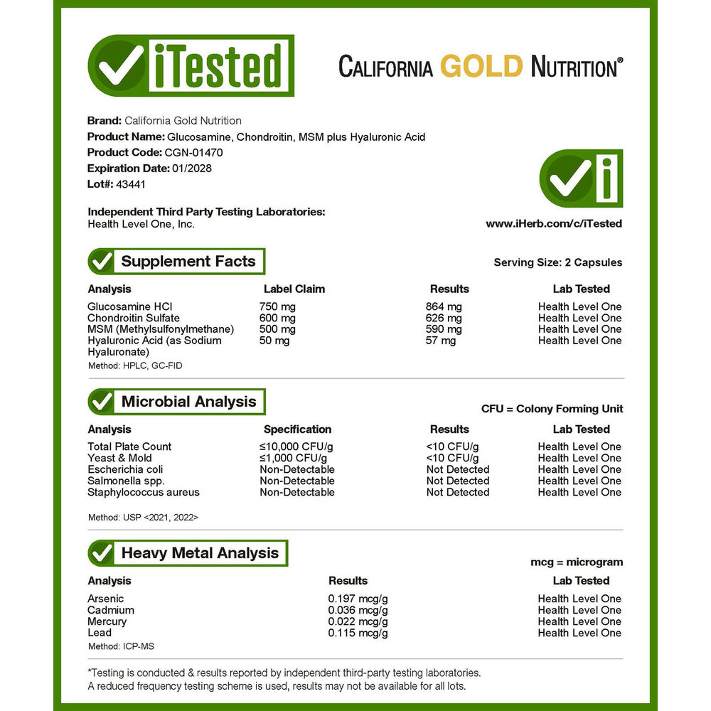 California Gold Nutrition, глюкозамин, хондроитин и МСМ с гиалуроновой кислотой, 60 растительных капсул