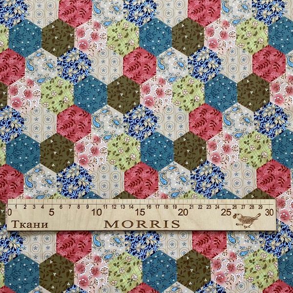 ГЕКСАГОНЫ БОТАНИКА ЗЕЛЕНО-БИРЮЗОВЫЕ, отрез 35 см 100% хлопок Handmade Fabrics 4