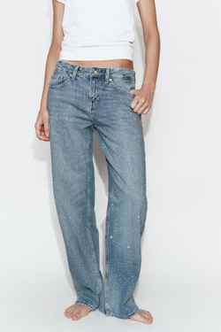 ZARA ДЖИНСЫ TRF ПРЯМОГО КРОЯ С НИЗКОЙ ПОСАДКОЙ И БЛЕСТКАМИ, МОРСКОЙ СИНИЙ