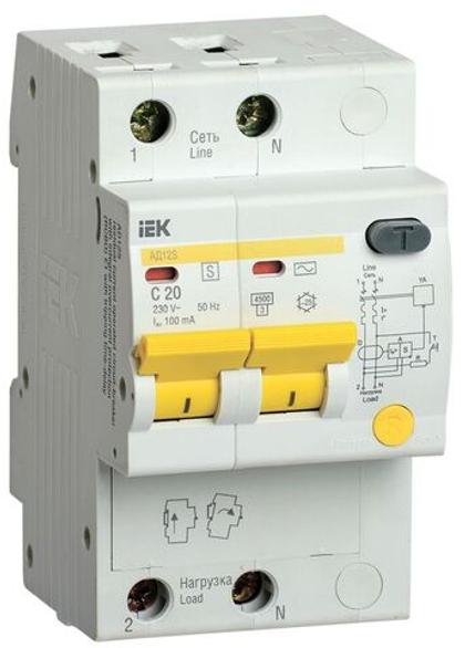 Дифференциальный автоматический выключатель АД12S 2Р 20А 100мА IEK