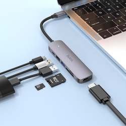 Hoco HB28 Adapter HUB USB-C 6-in-1 (1*USB 3.0, 1*USB 2.0, HDMI, SD, TF, PD) - HDMI 4K Адаптер