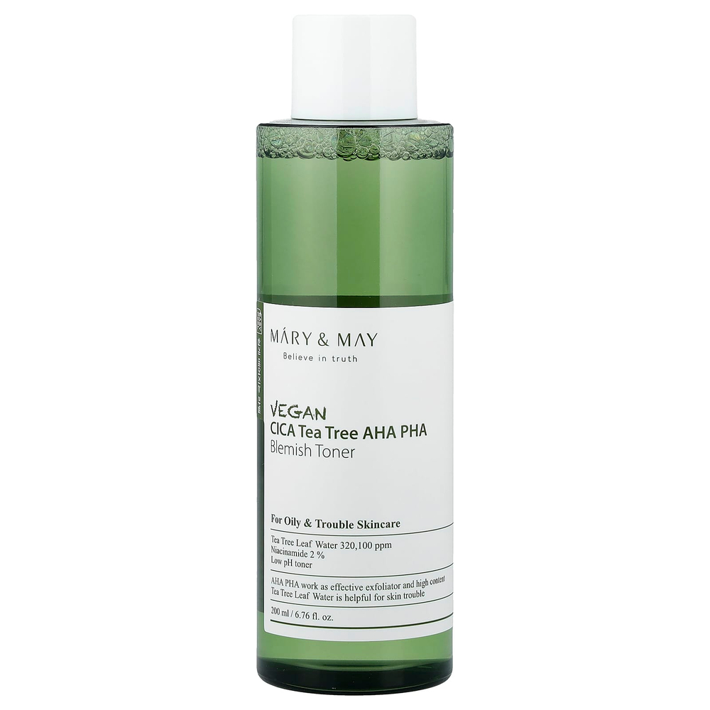 Mary & May, веганский тоник для устранения несовершенств кожи с кислотами CICA, чайным деревом и АГК, 200 мл (6,76 жидк. унции)