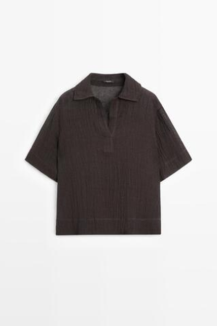 Massimo Dutti Блуза поло из струящегося смесового льна, коричневый
