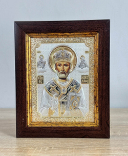 Николай Чудотворец, икона прямоугольная в рамке под стеклом, красное дерево 232х280