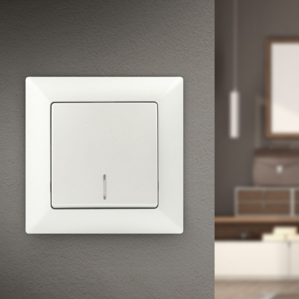 Выключатель Intro Solo 4-102-06 одноклавишный с подсветкой, 10А-250В, IP20, СУ, перламутр