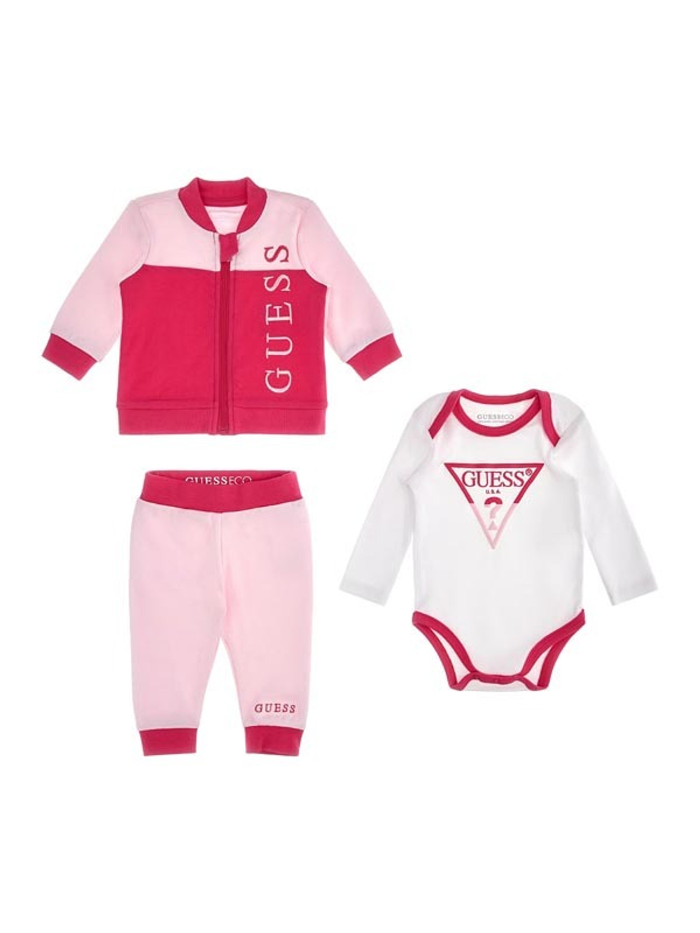Кардиган + брюки трикотажные + боди GUESS Розовый/Белый/Фуксия (Девочка)