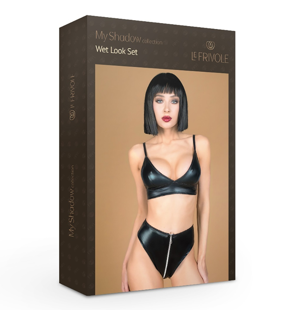 Комплект лиф и трусики с молнией Le Frivole wet look черный 2XL/3XL