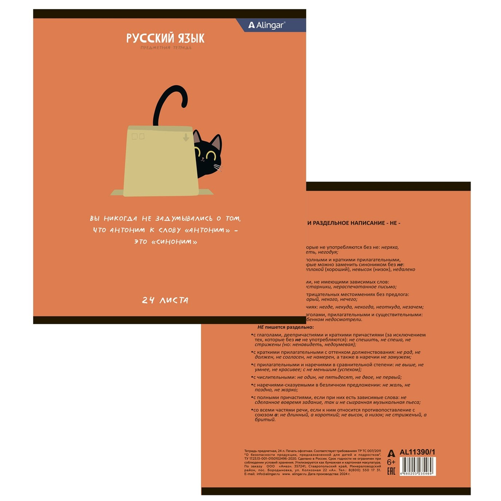 Комплект предметных тетрадей А5 24л., 8 предметов, со справочным материалом, скрепка, мелованный картон (стандарт), блок офсет, Alingar "Чёрный котик"