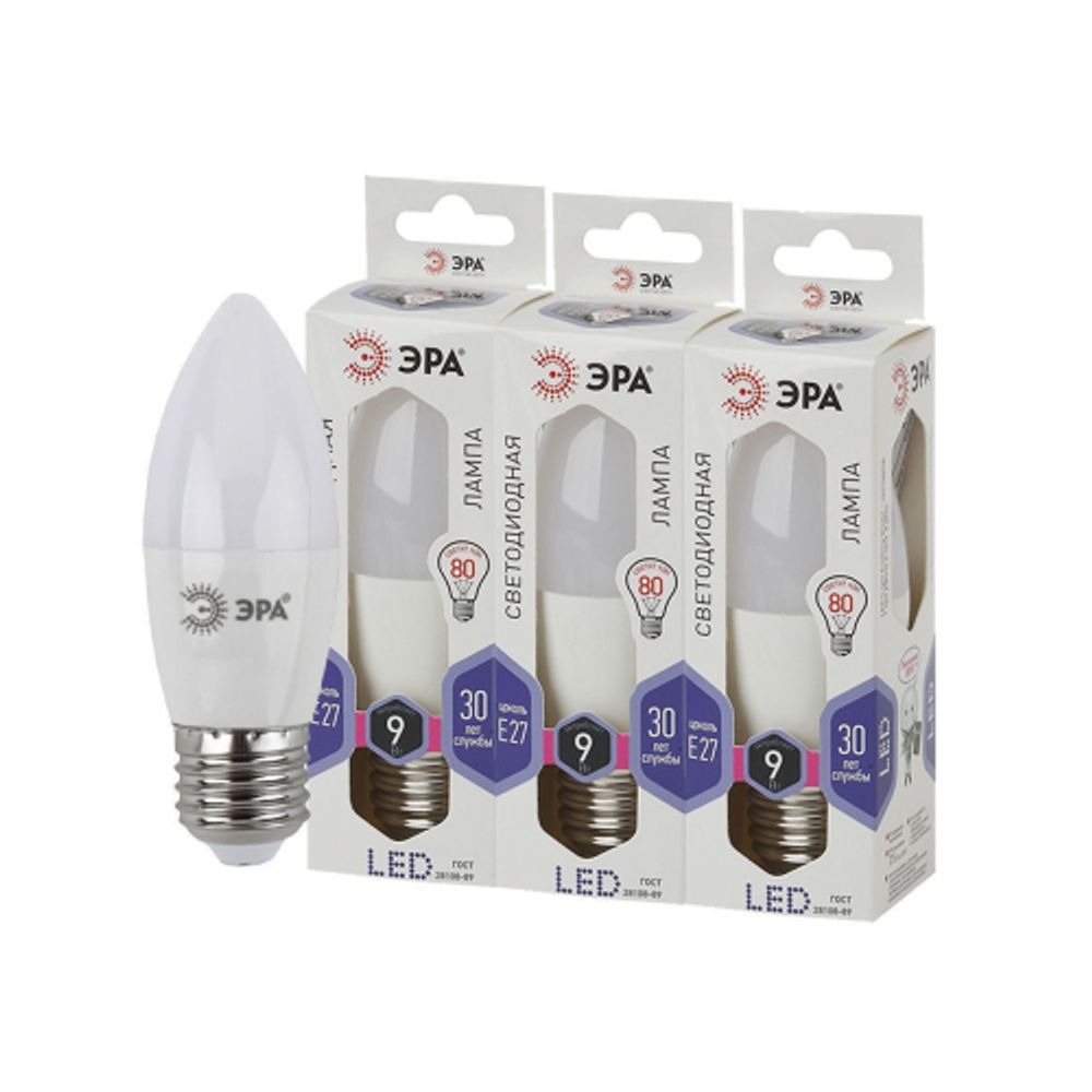 Лампа светодиодная ЭРА STD LED B35-9W-860-E27 9Вт свеча холодный дневной свeт Е27 | Лампы cветодиодные Свеча (B/C)
