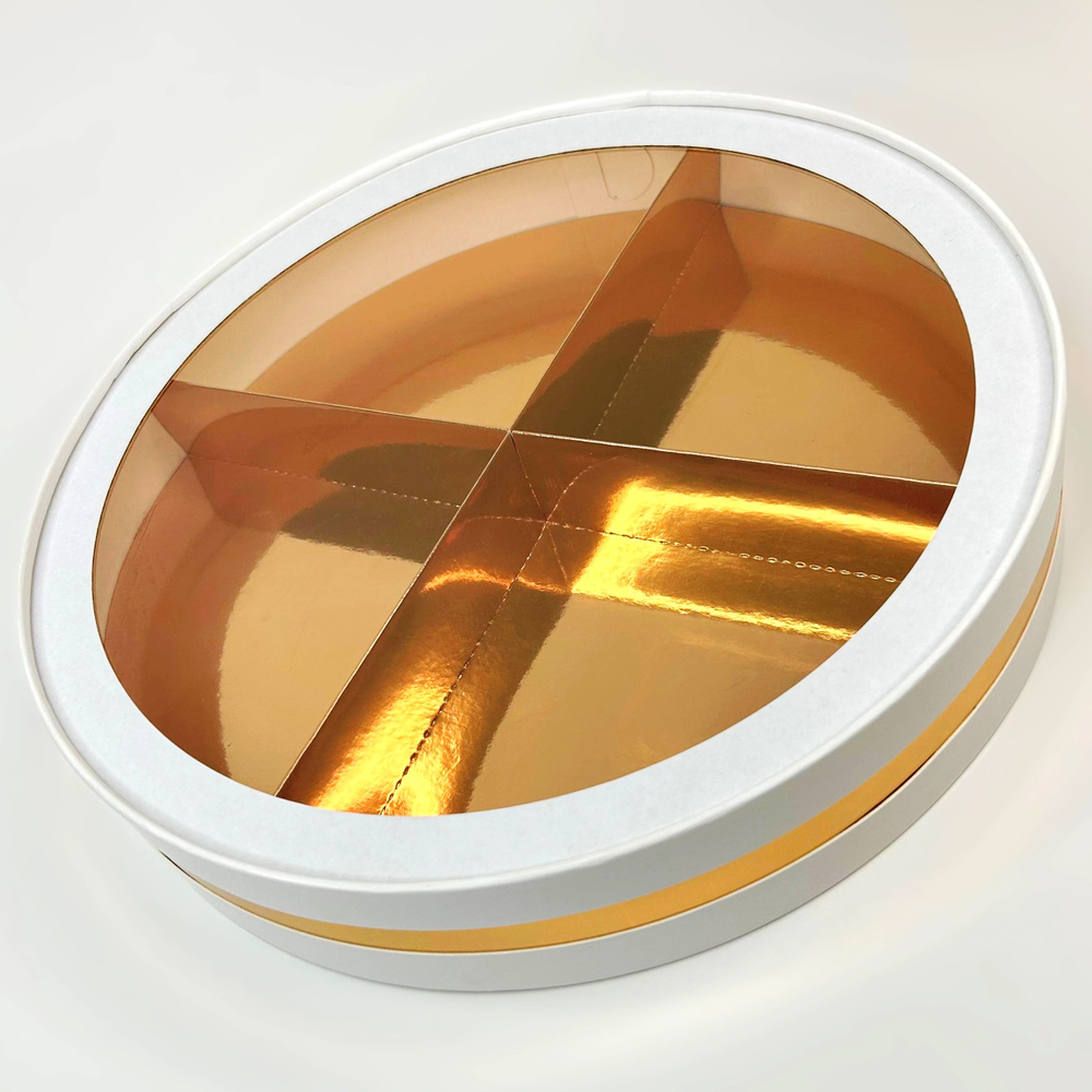 Шляпная коробка под ягоды в шоколаде д.28.5 белый-золото