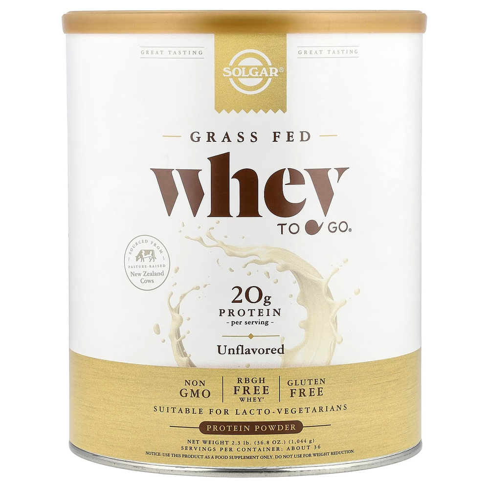 Solgar, Grass Fed, протеиновый порошок Whey To Go®, без добавок, 2,3 фунта (1044 г)