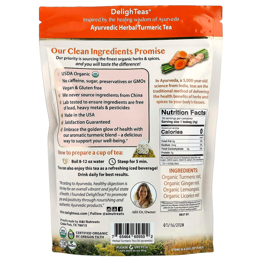 DelighTeas, Аюрведический травяной чай с куркумой, без кофеина, 30 роскошных чайных пакетиков в форме пирамидки, 120 г (4,2 унции)