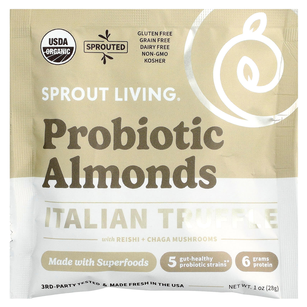 Sprout Living, Пробиотический миндаль, итальянский трюфель с рейши и грибами чага, 10 пакетиков по 28 г (1 унция)