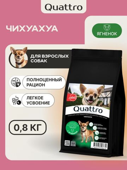 Корм сухой для взрослых собак породы Чихуахуа, с ягненком, 800 гр, QUATTRO