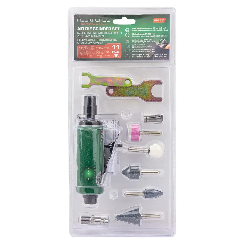 Пневмозачистная машинка с комплектом камней 11пр(цанги:3мм,6мм25000об/мин, 85л/мин,6.3Bar,штуцер 1/4'',штуцер 1/4'') RockForce##Rock FORCE RF-RP7313