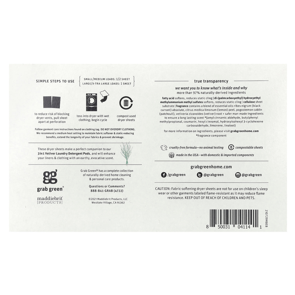 Grab Green, салфетки для сушки волос, ветивер, 80 биоразлагаемых салфеток