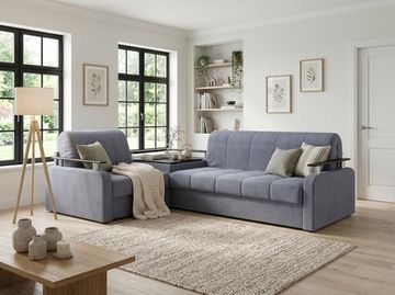 Диван угловой с Баром Денвер 1,8 - Velutto 32 серый/  коричневая накладка