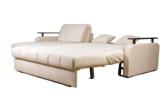 Диван угловой с оттоманкой Денвер 1,4 - Velutto 17 бежевый/ коричневая накладка