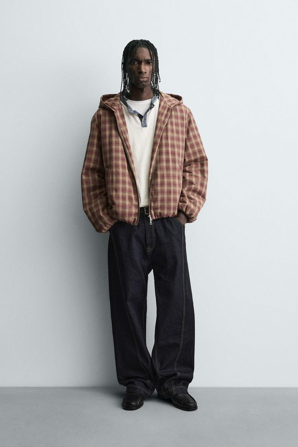 ZARA КУРТКА В КЛЕТКУ С КАПЮШОНОМ, КРАСНОВАТЫЙ