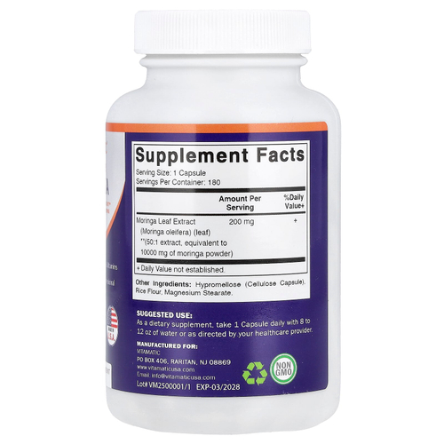 Vitamatic, моринга, 10 000 мг, 180 капсул