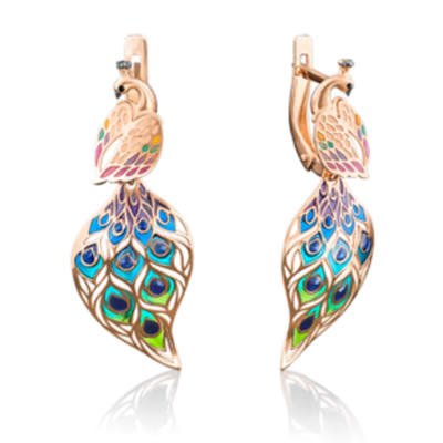 Серьги «Павлины» с английским замком из красного золота c эмалью