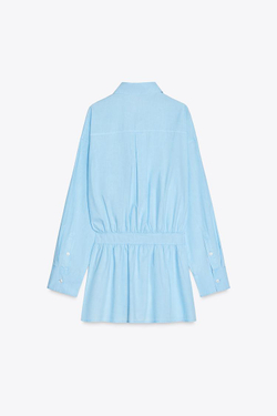 ZARA ПЛАТЬЕ-РУБАШКА СО СКЛАДКАМИ, ВОДЯНИСТО-ГОЛУБОЙ