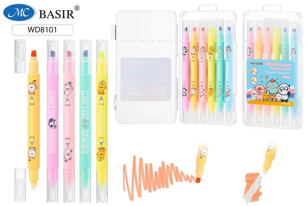 Набор текстовыделителей 6цв. стираемые, 2-х стор. одна для маркировки, другая для стирания, бокс (Ba