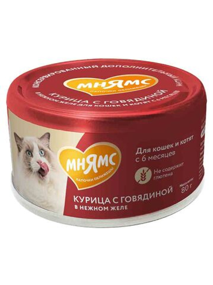 Влажный дополнительный корм Мнямс На каждый день для кошек и котят старше 6 месяцев "курица с говядиной в нежном желе" 80 г