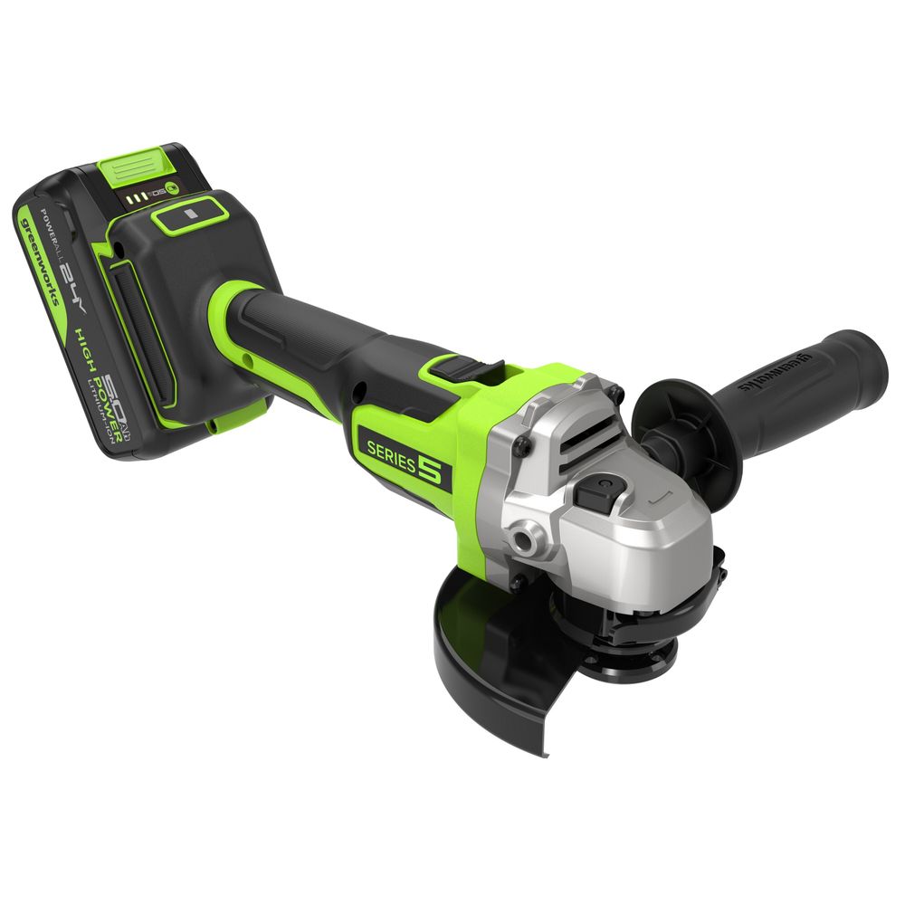 Угловая шлифовальная машина акк. Greenworks AG590, 24V, б/щет, 125 мм, 8500 об/мин, Anti-Kickback,1х5Ач,ЗУ,кор (3201007CUG)