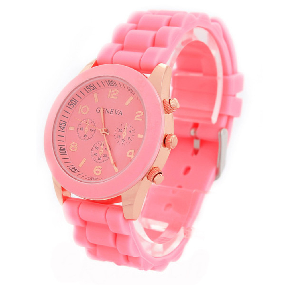 Стильные яркие женские часы GENEVA кварцевые (реплика) золотистые с розовым силиконовым браслетом ремешком и розовым циферблатом 00400010D