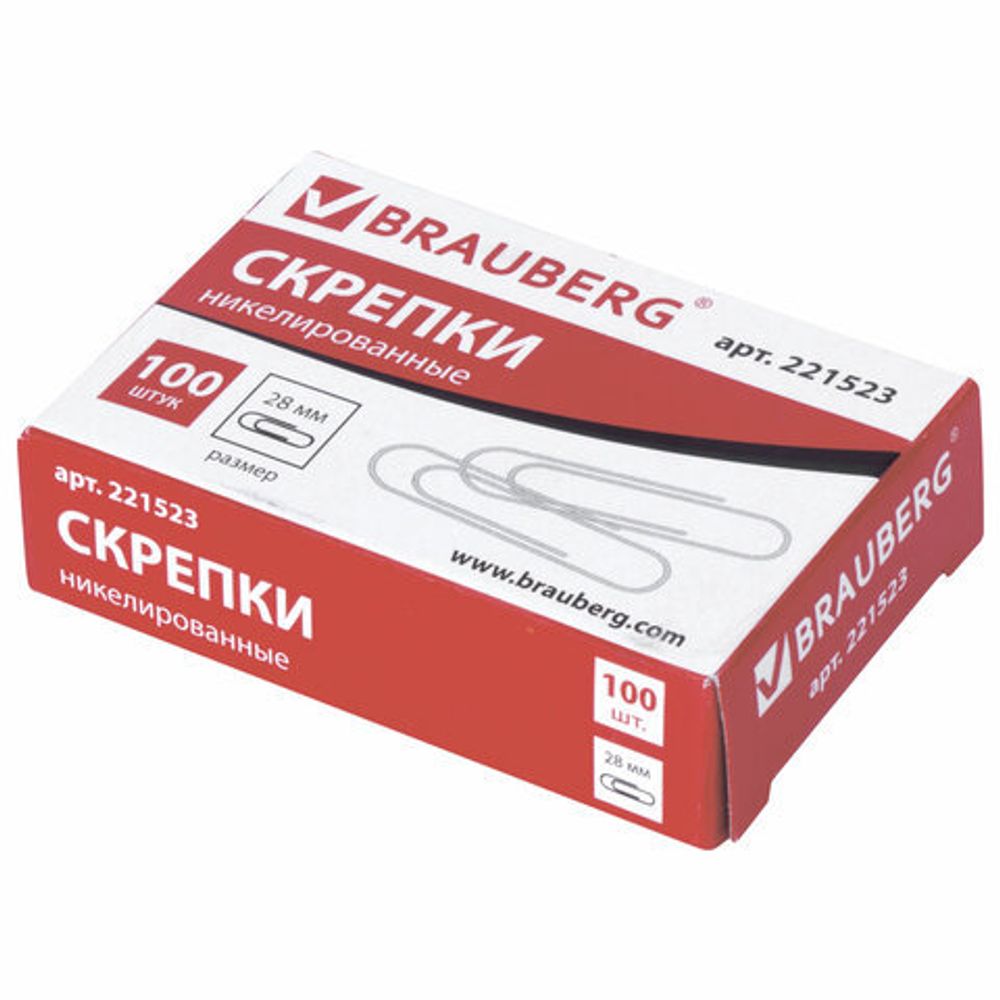 Скрепки BRAUBERG, 28 мм, никелированные, 100 шт., в картонной коробке, Россия, 221523
